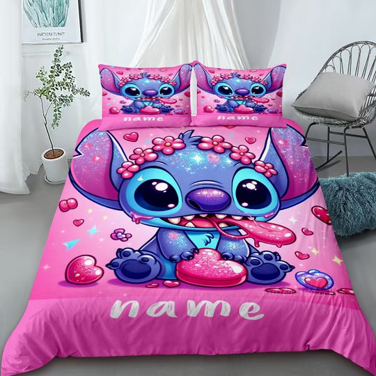 Discover Duvet Cover Custom Name Stitch Pages Flamingo Tropical Style Cute Bedding Set