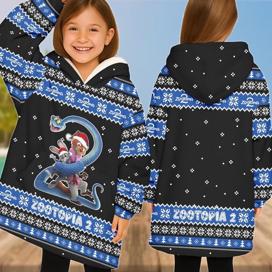 Discover Zootopia 2 Blue Christmas Hoodie Blanket, Cute Disney Wearable Blanket, Nick and Judy Movie Hoodie, Cozy Holiday Gift for Men Women