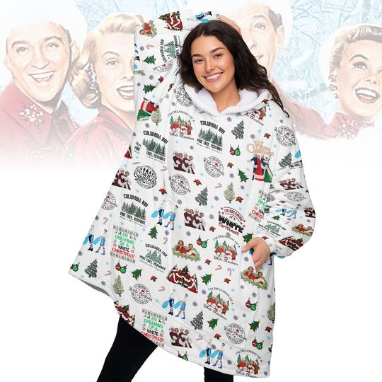 White Christmas Blanket Hoodie, Classic Movie Wearable Blanket, Vintage Holiday Cozy Oodie For Women, Xmas Gift, Xmas Cozy Hoodie