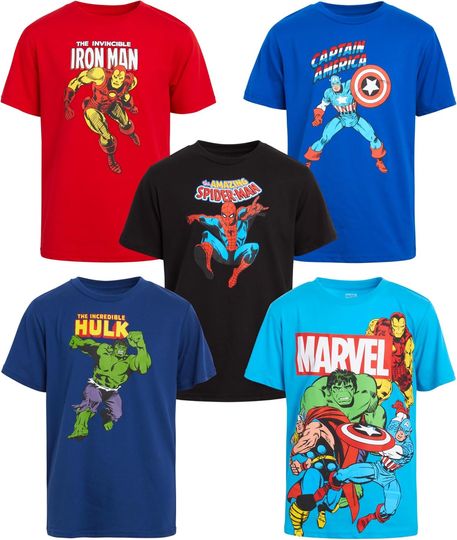 Marvel Avengers Boys Graphic Tees - 5 Pack Spiderman Hulk Captain America Iron Man Thor Short Sleeve Graphic T Shirts