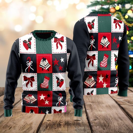 Discover Bells and Stockings Ugly Christmas Sweater, Christmas Pattern Shirt, Red Green Holiday Jumper, Festive Pullover
