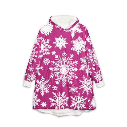 Cozy Pink Hooded Blanket with Snowflakes – Warm Winter Christmas Gift for Family & Friends