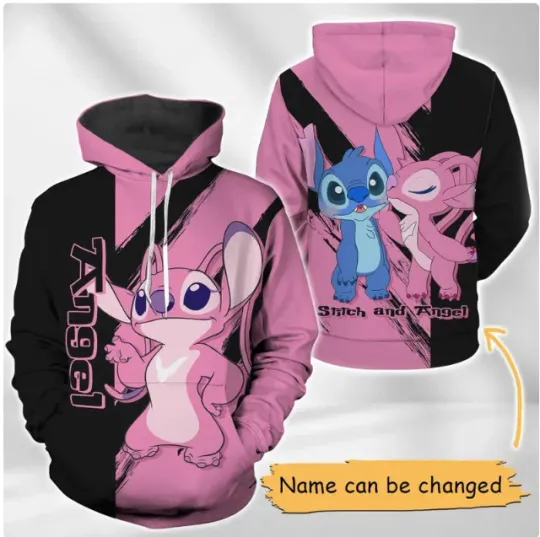 Personalized Stitch And Angel PINK 3D HOODIE HALLOWEEN GIFT CHRISTMAS GIFT