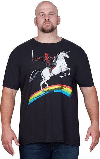 Discover Marvel Men's Deadpool Riding A Unicorn On A Rainbow T-Shirt