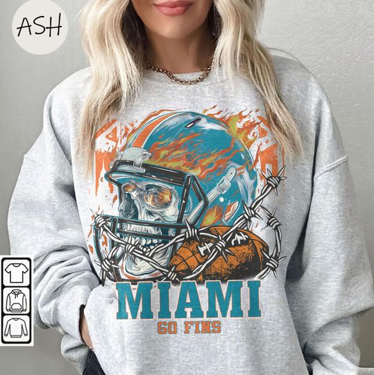 Vintage 90s Skull & Fire Style Miami Dolphins Sweatshirt, Go Fins Retro Game Day Crewneck Miami Dolphins Fan Gift Miami Dolphins Tee