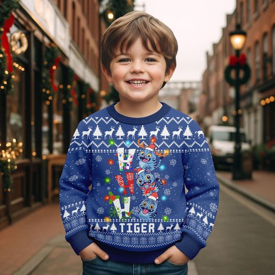 Tiger Kpop Ugly Christmas Sweater, Derpy Tiger Kp0p Sweater, Xmas Tiger Kid Sweater, Blue Tiger Costume Shirt, Xmas Gift