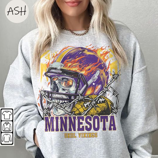 Vintage 90s Skull & Fire Style Minnesota Vikings Sweatshirt, Skol Vikings Retro Game Day Crewneck Minnesota Fan Gift Vikings Tee