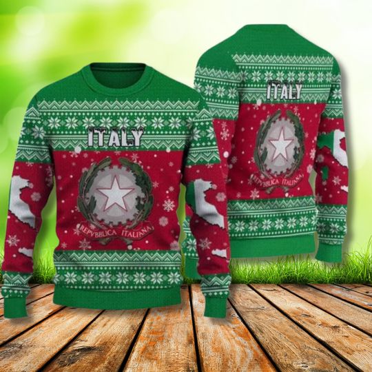 Discover Italy Christmas Sweater with Emblem, Festive Ugly Holiday Jumper, Green Red Knit