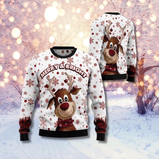 Discover Merry & Bright Reindeer Ugly Christmas Sweater: Holiday Party Pullover