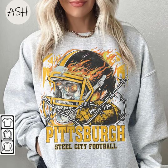 Discover Vintage 90s Skull & Fire Style Pittsburgh Steeler Sweatshirt, Here We Go Steeler Retro Game Day Crewneck Pittsburgh Fan Gift Steeler Tee