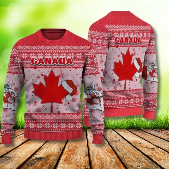 Discover Canada Christmas Sweater with Maple Leaf and Santa Hat, Festive Ugly Jumper
