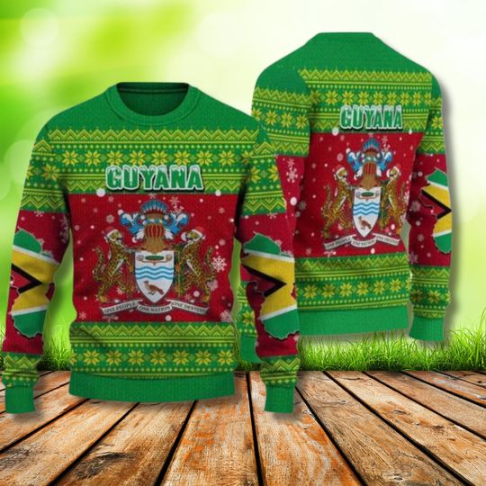 Discover Guyana Christmas Sweater with Coat of Arms, Festive Ugly Holiday Jumper