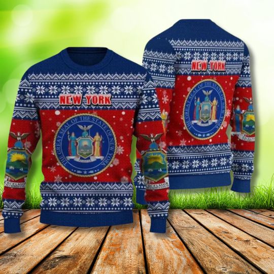 Discover New York Christmas Sweater with State Seal, Festive Ugly Holiday Jumper