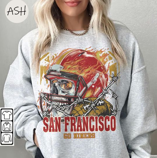 Vintage 90s Skull & Fire Style San Francisco 49ers Sweatshirt, Go Niners 49ers Retro Game Day Crewneck San Francisco Fan Gift 49ers Tee