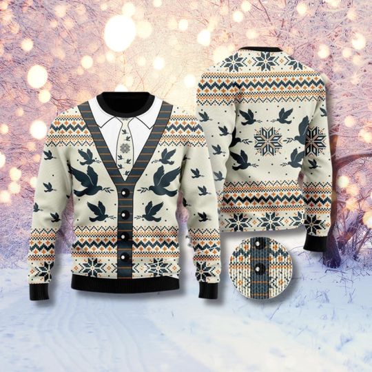 Discover Vintage Dove Ugly Christmas Sweater Faux Cardigan Nordic Fair Isle Unisex Holiday Knit