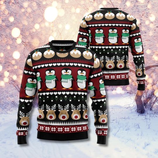 Discover Penguin Reindeer Ugly Christmas Sweater: Festive Holiday Pullover