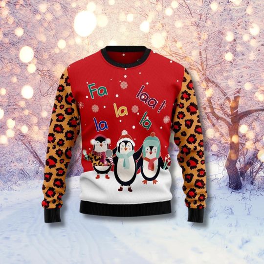 Discover Penguin Ugly Christmas Sweater: Leopard Print Sleeves Holiday Outfit