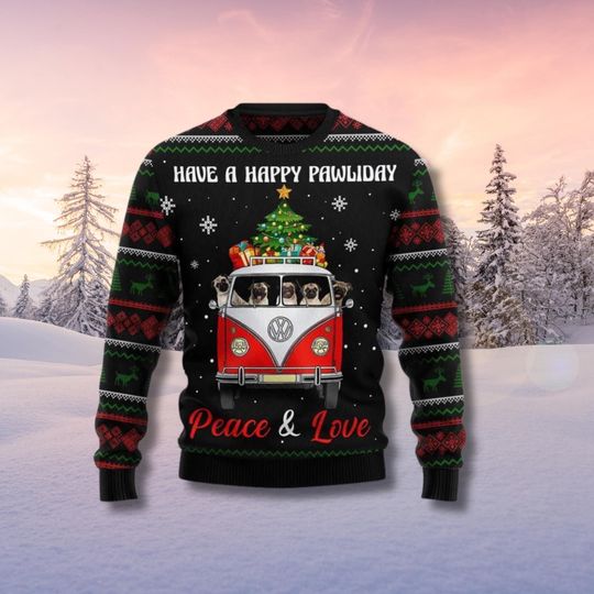 Discover Happy Pawliday Dogs Retro Van Ugly Christmas Sweater Peace & Love