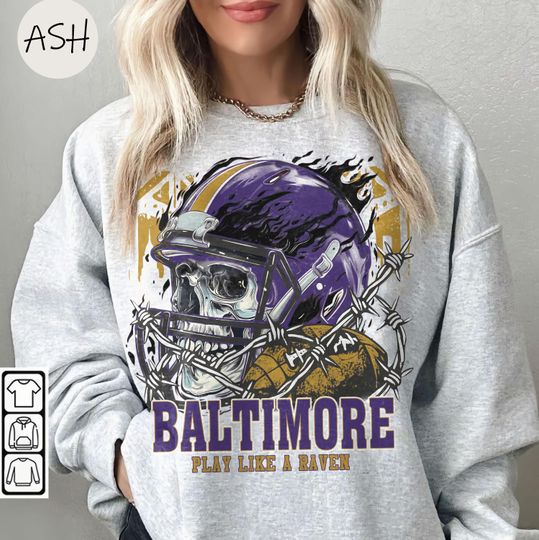 Vintage 90s Skull & Fire Style Baltimore Ravens Sweatshirt, Play Like A Raven Retro Game Day Crewneck Baltimore Ravens Fan Gift Ravens Tee