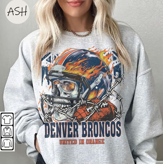 Vintage 90s Skull & Fire Style Denver Broncos Sweatshirt, United in Orange Retro Game Day Crewneck Denver Broncos Fan Gift Broncos Tee