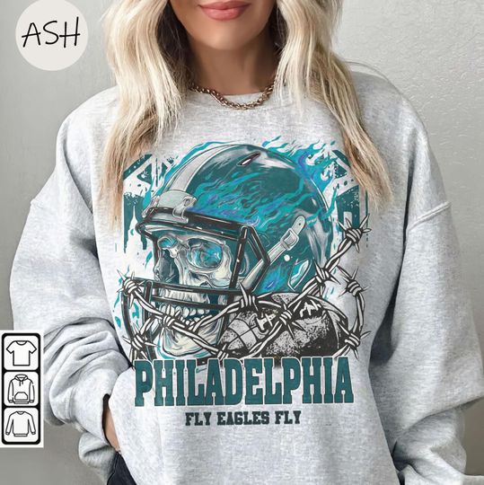 Discover Vintage 90s Skull & Fire Style Philadelphia Eagles Sweatshirt, Fly Eagles Fly Retro Game Day Crewneck Philadelphia Fan Gift Eagles Tee