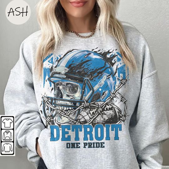 Vintage 90s Skull & Fire Style Detroit Lions Sweatshirt, One Pride Retro Game Day Crewneck Detroit Lions Fan Gift Detroit Lions Tee