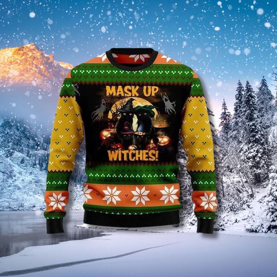 Discover Mask Up Witches Halloween Ugly Sweater, Dog Witch Pumpkin Ghost Fall Party Jumper