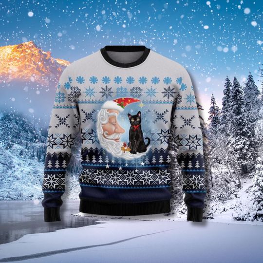 Discover Black Cat Santa Moon Christmas Ugly Sweater, Nordic Snowflake Ugly Holiday Jumper