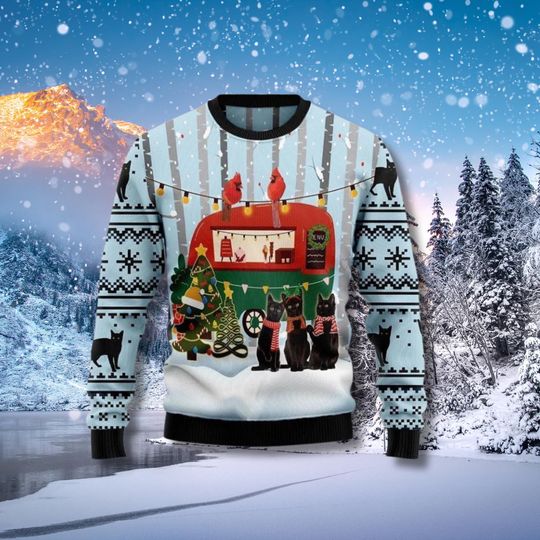 Black Cat Camper Christmas Ugly Sweater, Cozy Winter Ugly Holiday Knit Jumper