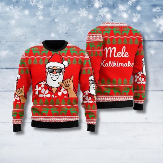 Mele Kalikimaka Hawaiian Santa Ugly Christmas Sweater, Tropical Holiday Jumper