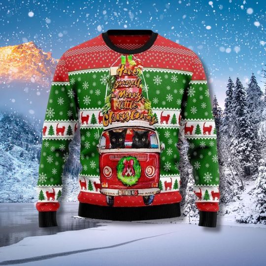 Discover Black Cat Christmas Ugly Sweater, Vintage Van Merry Little Christmas Ugly Holiday Jumper