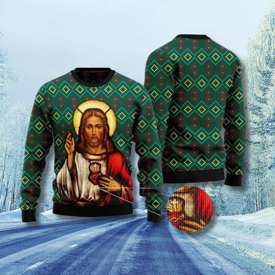 Sacred Heart Jesus Ugly Christmas Sweater, Religious Knit Jumper