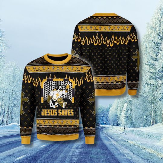 Jesus Saves Hockey Goalie Ugly Christmas Sweater