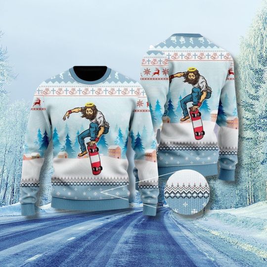 Discover Skater Jesus Ugly Christmas Sweater, Funny Christian Holiday Pullover