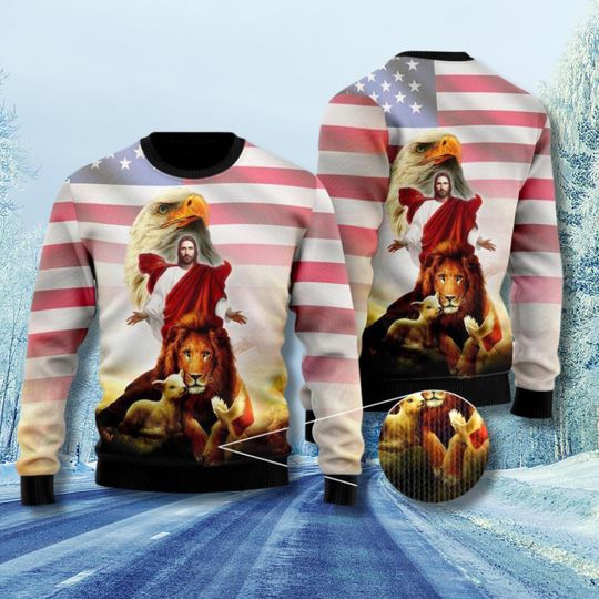 Discover Jesus USA Flag Christmas Ugly Sweater, Patriotic Christian Holiday Jumper