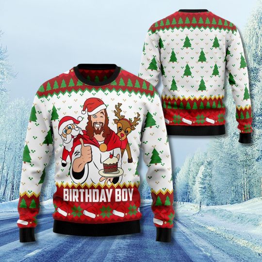 Discover Funny Jesus Birthday Boy Christmas Ugly Sweater, Religious Ugly Xmas Pullover