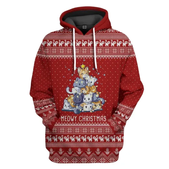 Discover 3D Meowy Christmas Tree Custom Tshirt Hoodie Apparel