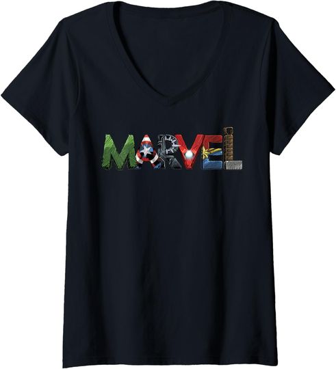 Discover Womens Marvel Avengers Character Text Portrait V-Neck T-Shirt