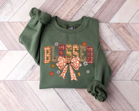 Discover Retro Floral Blessed Sweatshirt, Christian Blessed T-Shirt, Woman Fall Long Sleeve, Gift For Fall Lover, Coquette Fall Shirt,Fall Sweatshirt