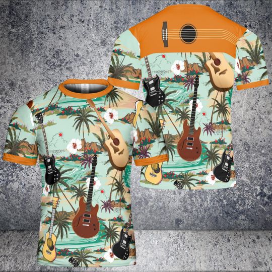 Discover Tropical Guitar Print T-Shirt: Hawaiian Beach Musician Tee