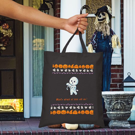 Discover Mummy Halloween Who's Afraid of Little Old Me? Swiftt Trick or Treat Cotton Tote Bag Halloween Candy Gift for Kids and Adults