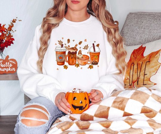 Discover Fall Coffee Sweatshirt, Halloween Pumpkin Latte Drink Cup, Fall Pumpkin Spice Sweatshirt