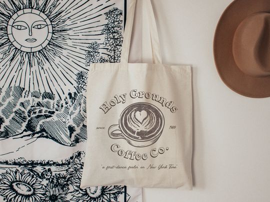 Discover holy grounds coffee shop canvas tote