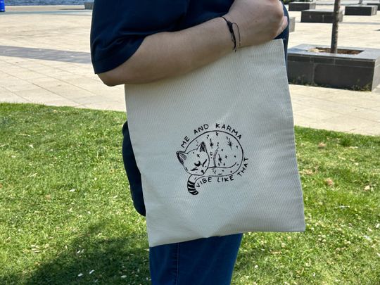 Handmade Embroidered Canvas Tote Bag: Karma Vibe Design
