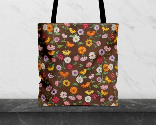 Discover Eras piano flowers tote bag. Floral all-over print fabric bag.