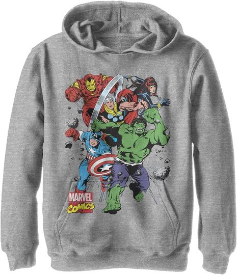 Discover Marvel Kids' Hooded Sweatshirt with Long Sleeves and Kangaroo Pocket, Athletic Heather Color