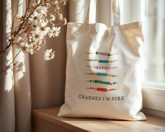 Friendship Bracelet Tote Bag. Charmed Im Sure. Charm Bracelet Tote Bag. Cute & Colourful Bracelet Graphics. Gift For Friend. Taylorr Swifts