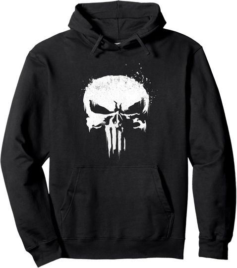 Marvel The Punisher White Ink Splatter Skull Logo Pullover Hoodie, Gift For Fan
