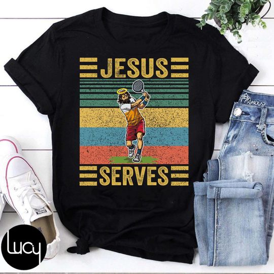 Discover Jesus Serves Funny Christian Tennis Tee, Retro Faith Sports Shirt, Religious Tennis Player Gift