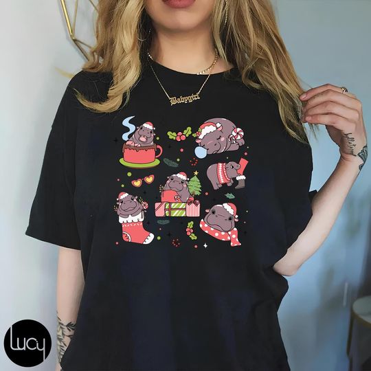 Discover Moo Deng Christmas Vintage T-Shirt, Moo Deng Shirt, Cute Moo Deng Shirt, Hippo Shirt, Hippopotamus Shirt, Christmas Shirt